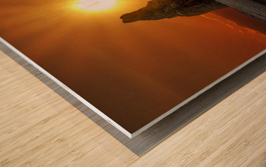 Sun on seastacks Wood print